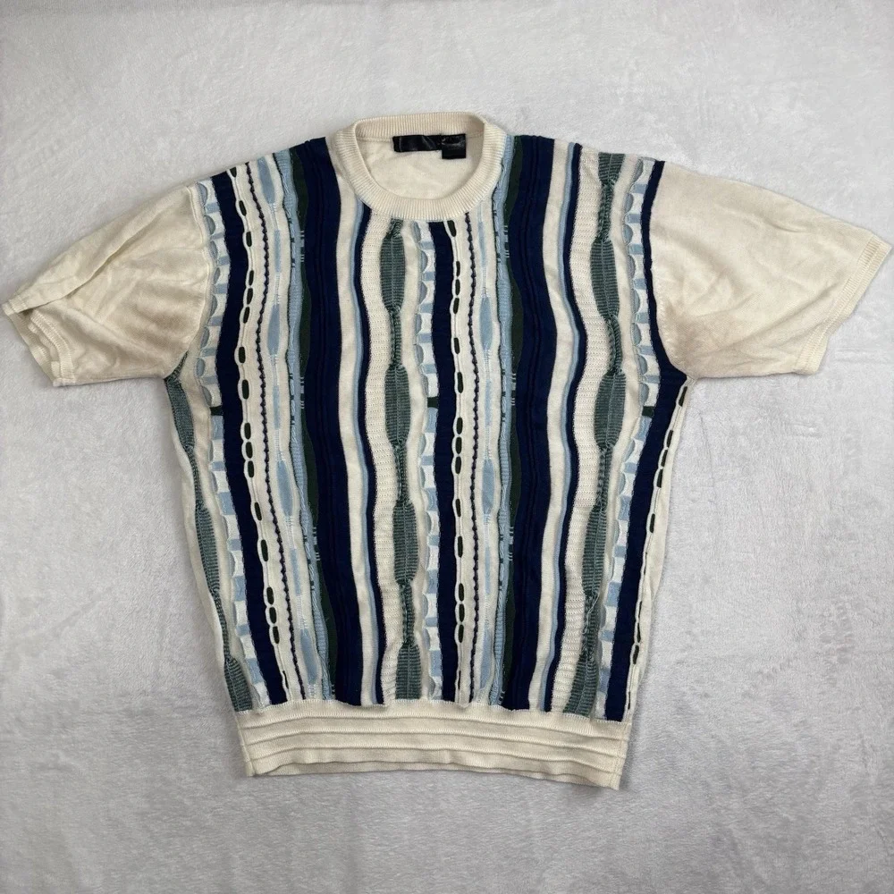 VTG 90's 3D Cable Knit Sweater White Short Sleeve Knit Distressed Acrylic Mens M